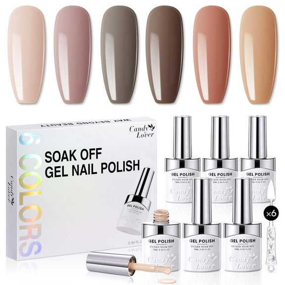Candy Lover Gel Nail Polish, 6 Colors Nudes Brown Gel Polish Kit, Quick Dry Long Lasting Soak Off UV LED Nail Polish, DIY Nail Art Gift Set for Women