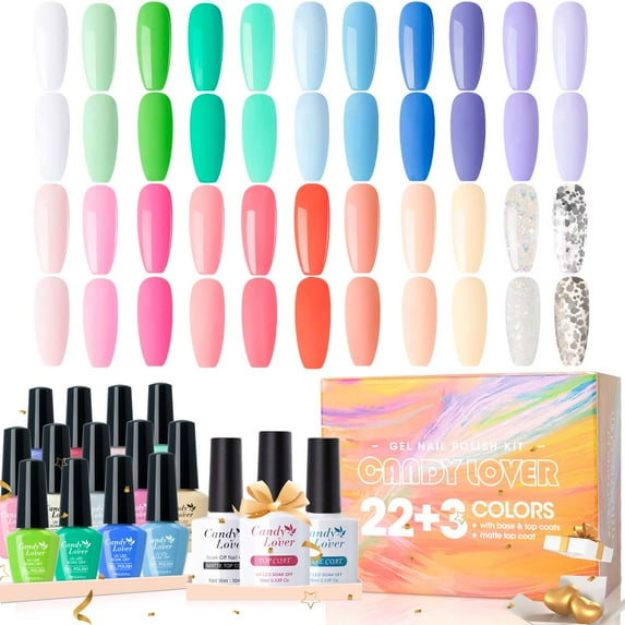 Candy Lover Gel Nail Polish Kit, 22 Colors Candy Macaron UV Gel Polish with Top Coat Base Coat Matte Coat, Gel Nail Polish Set Gift for Girls Women DIY Manicure