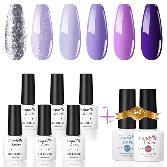 Candy Lover Gel Nail Polish Kit, 6 Colors Purple and Glitter Gel Polish with Top and Base Coat, Soak Off UV LED Nail Polish, Nail Art Gift Set for Women