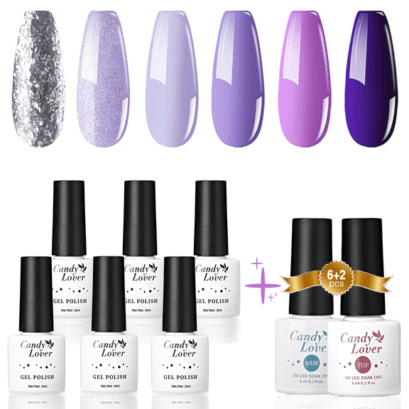 Candy Lover Gel Nail Polish Kit, 6 Colors Purple and Glitter Gel Polish with Top and Base Coat, Soak Off UV LED Nail Polish, Nail Art Gift Set for Women