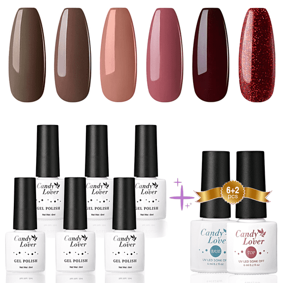 Candy Lover Gel Nail Polish Kit, 6 Colors Red Brown Pink Gel Polish with Top and Base Coat, Soak Off UV LED Nail Polish, Nail Art Gift Set for Women