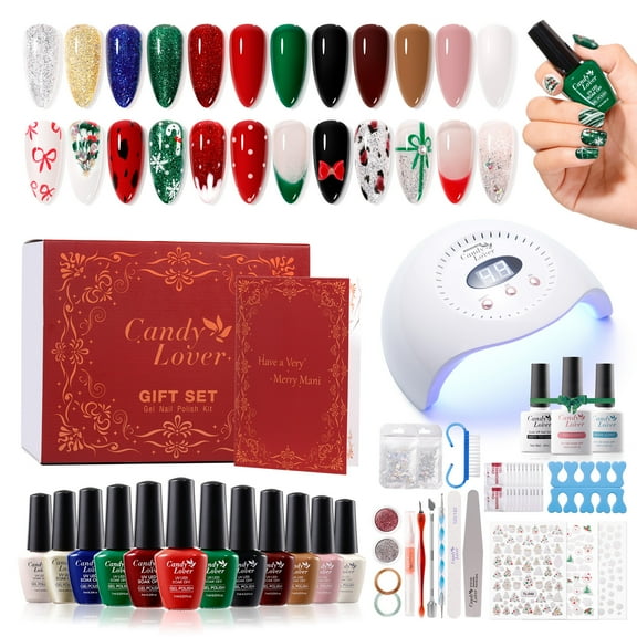Candy Lover Gel Nail Polish Kit, 12 Colors Warm Christmas Nail Gel Kit with Greeting Card & 72W UV Nail Lamp, Salon Quality Long-lasting Gel Polish Set, Gift for Girl Women DIY Manicure