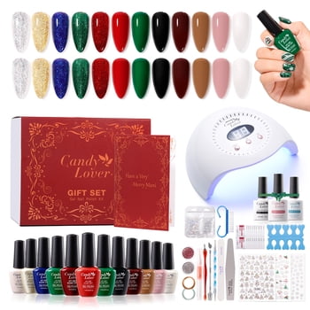Candy Lover Gel Nail Polish Kit, 12 Colors Warm Christmas Nail Gel Kit with Greeting Card & 72W UV Nail Lamp, Salon Quality Long-lasting Gel Polish Set, Gift for Girl Women DIY Manicure
