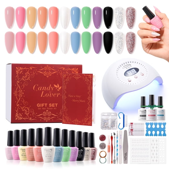 Candy Lover Gel Nail Polish Kit, 12 Colors Romantic Macaron Nail Gel Kit with Greeting Card & 72W UV Nail Lamp, Salon Quality Long-lasting Gel Polish Set, Gift for Girl Women DIY Manicure