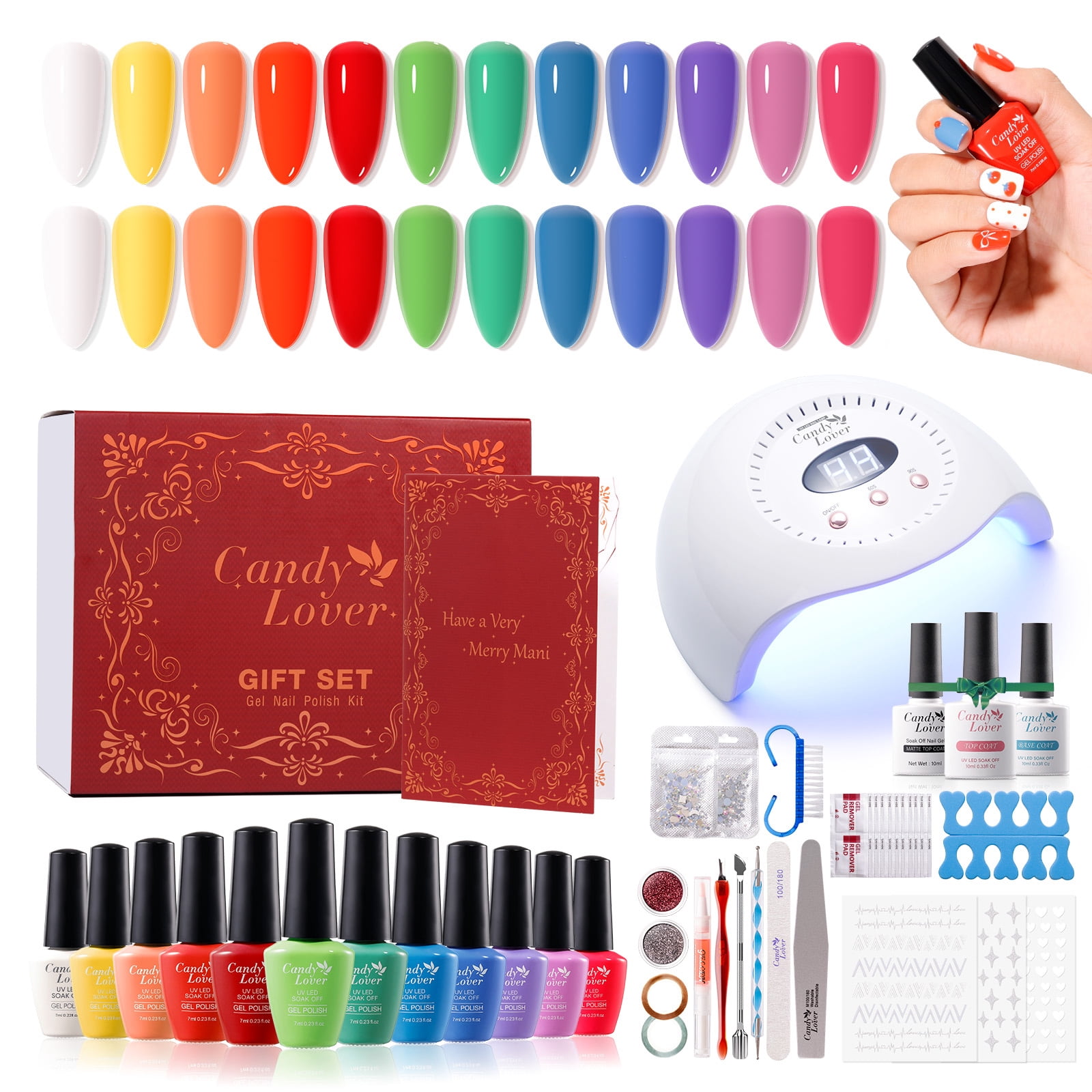 Candy Lover Gel Nail Polish Kit, 12 Colors Classic Rainbow Nail Gel Kit with Greeting Card & 72W UV Nail Lamp, Salon Quality Long-lasting Gel Polish Set, Gift for Girl Women DIY Manicure