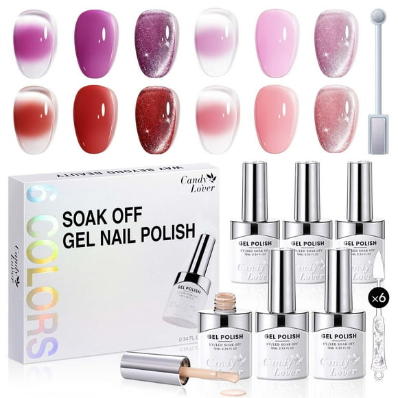 Candy Lover Gel Nail Polish, 6×10ml Natural 4 Effects Cat Eye & Blooming & Shimmer & Nude Gel Polish Set with Magnet, Soak off Nail Gel Kit At Home Salon Use, Purple Pink Red Series