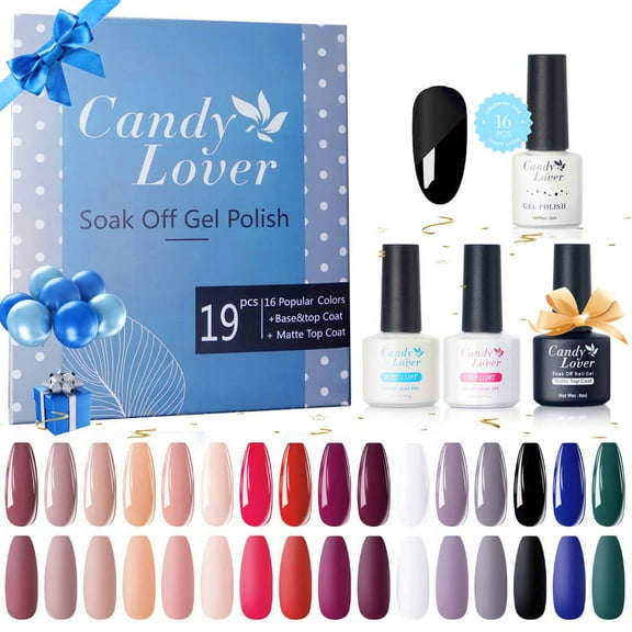 Candy Lover Gel Nail Polish Kit, Quick Dry Long-Lasting Gel Nail Kit with Top Base Coats Matte Coat, 16 Colors Charm Collection Gel Polish Set Gift for Women at Home Salon Nail Art