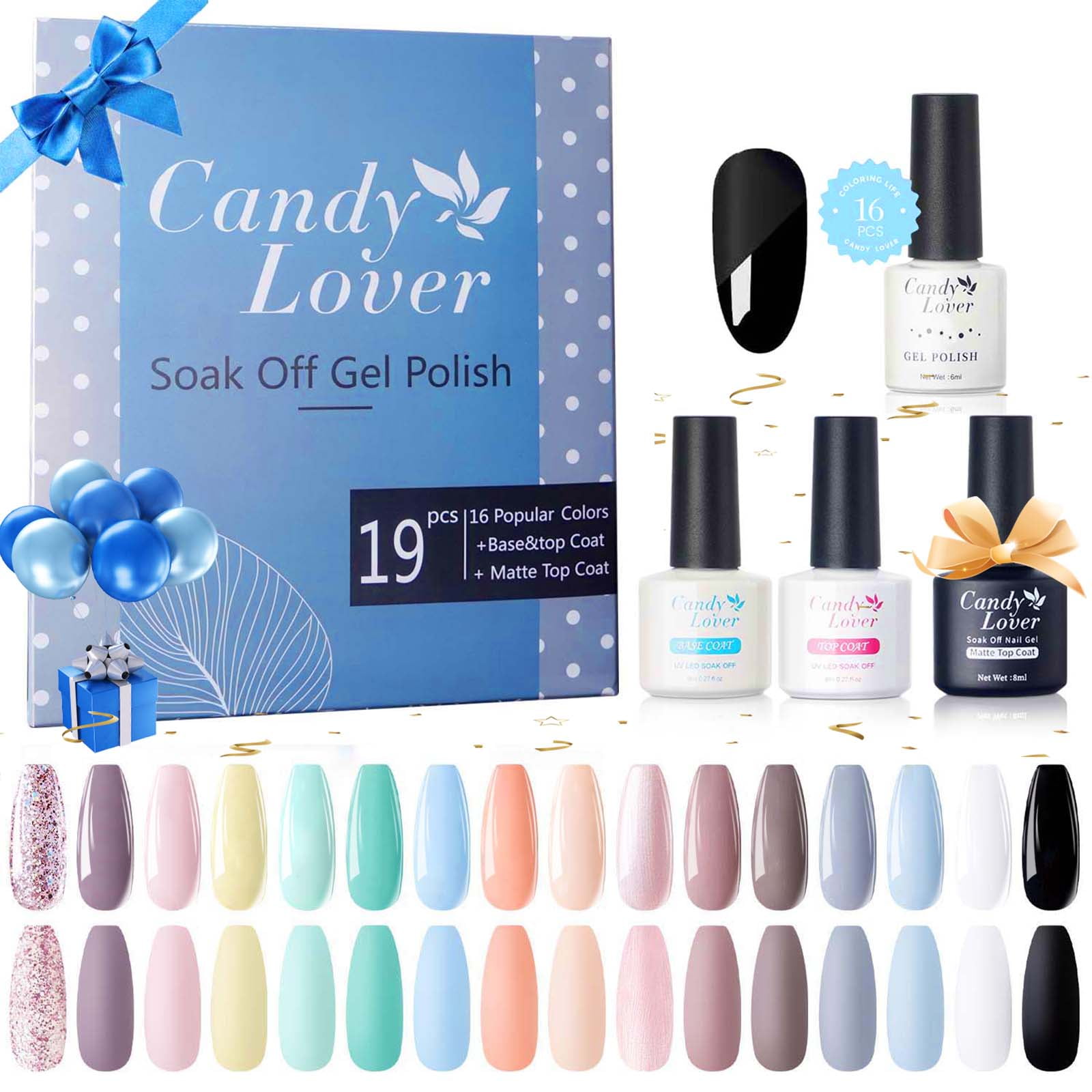 Candy Lover Gel Nail Polish Kit, 16 Colors with UV Top, Base, Matte ...