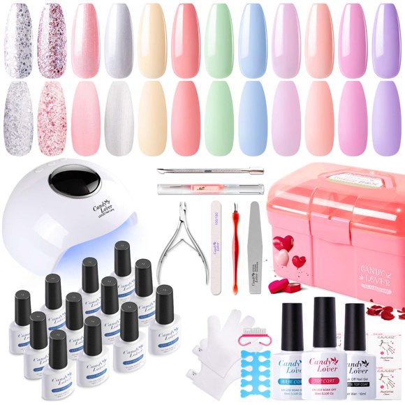 Candy Lover Gel Nail Polish Kit with UV LED Lamp, 12 Colors Cute Lady Gel Polish Starter Kit, All-in-One Quick Dry Soak Off Nail Gel Manicure Kit with DIY Tools Valentine Gift for Women