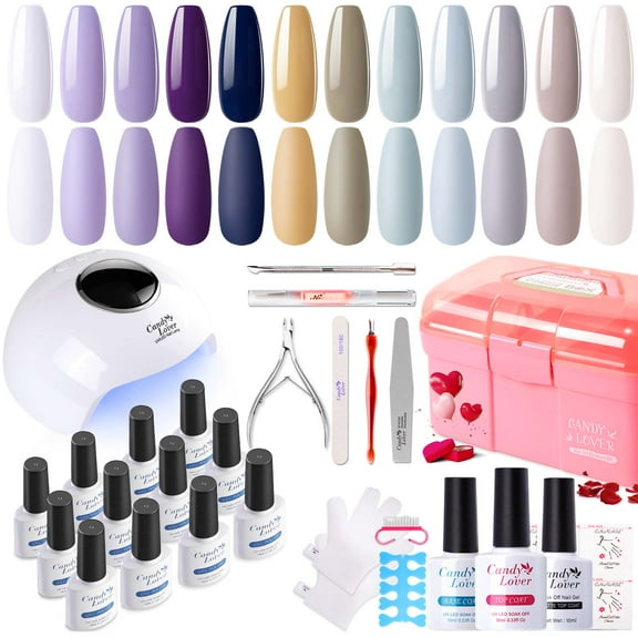 Candy Lover Gel Nail Polish Kit with UV LED Lamp, 12 Colors Romance Cool Gel Polish Starter Kit, All-in-One Quick Dry Soak Off Nail Gel Manicure Kit with DIY Tools Valentine Gift for Women