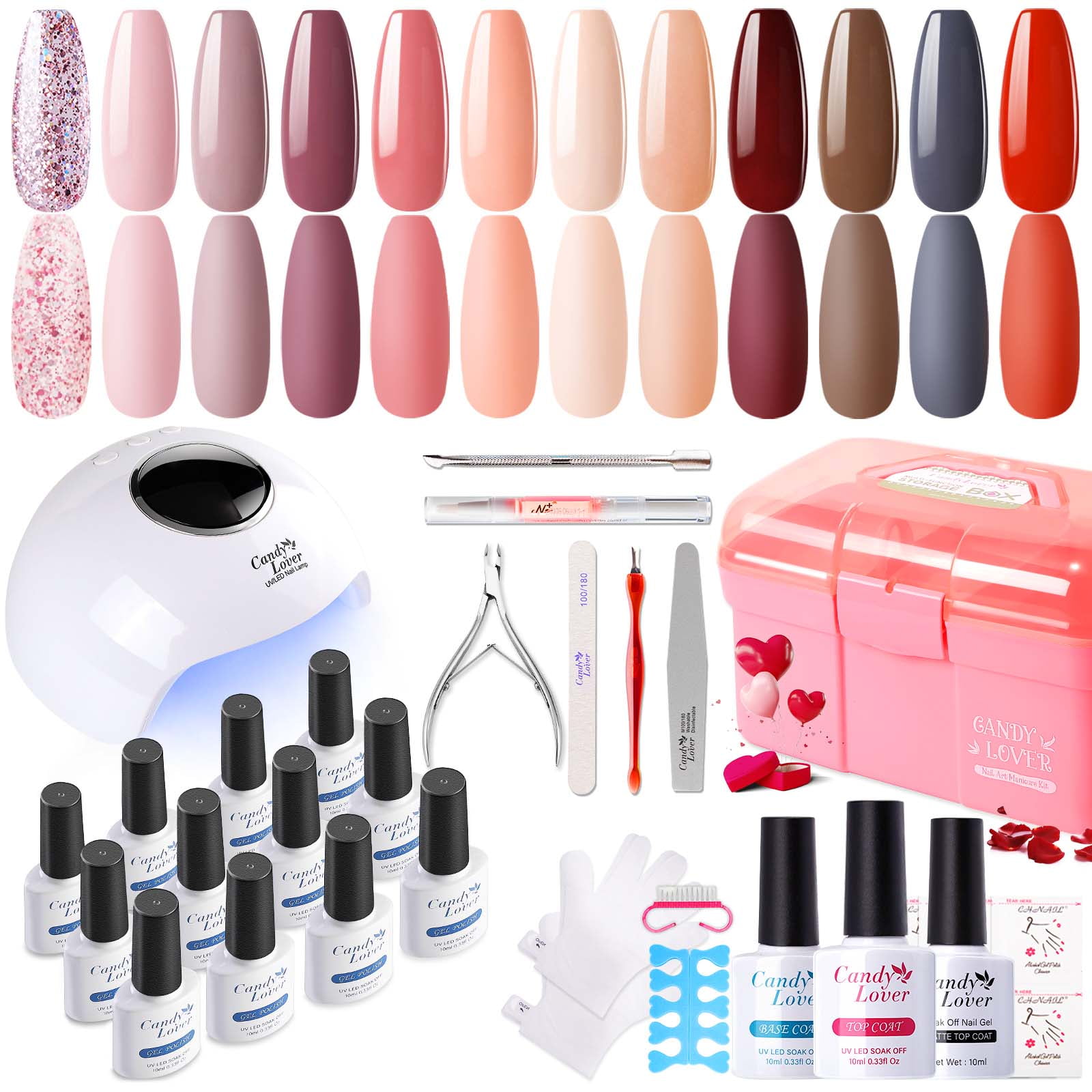 Candy Lover Gel Nail Polish Kit with UV LED Lamp, 12 Colors Rose Lover Gel Polish Starter Kit, All-in-One Quick Dry Soak Off Nail Gel Manicure Kit with DIY Tools Valentine Gift for Women