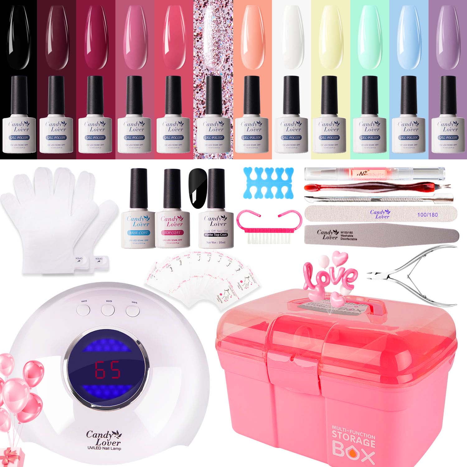 Walmart Deals of Candy Lover Gel Nail Polish Kit with UV LED Lamp, 12 Colors All Seasons Gel Polish Starter Kit, All-in-One Quick Dry Long-Lasting Nail Gel Kit with Manicure Tools Valentine Gift for Women