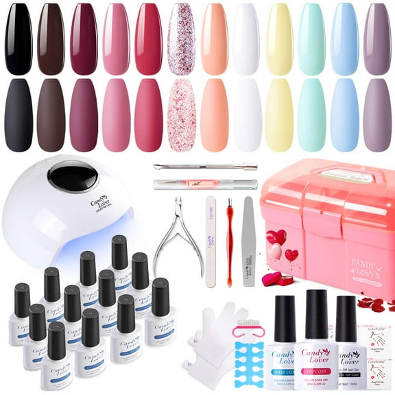 Candy Lover Gel Nail Polish Kit with UV LED Lamp, 12 Colors All Seasons Gel Polish Starter Kit, All-in-One Quick Dry Soak Off Nail Gel Manicure Kit with DIY Tools Valentine Gift for Women