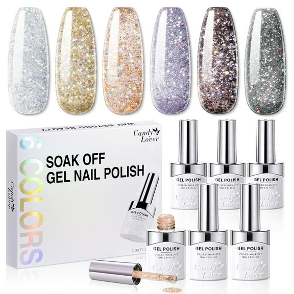 Candy Lover Gel Nail Polish, 6 Colors Glitter Orange Grey Silver Gold UV Gel Polish Set, Soak Off Nail Polish Gel for Women Girls DIY Salon Nail Art