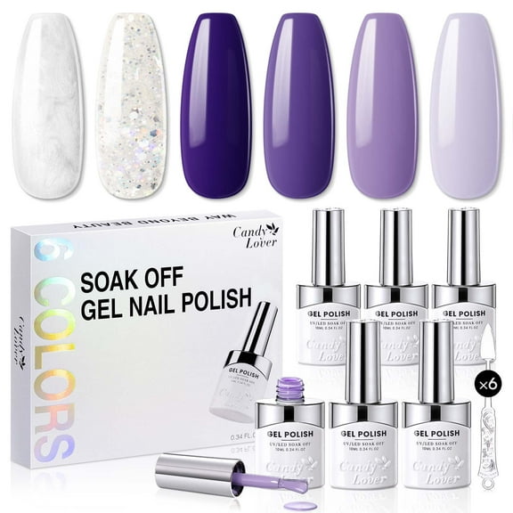 Candy Lover Gel Nail Polish, 6 Colors Glitter Purple Pearl White UV Gel Polish Set, Soak Off Nail Polish Gel for Women Girls DIY Salon Nail Art