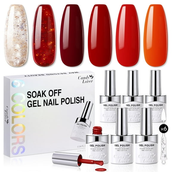 Candy Lover Gel Nail Polish, 6 Colors Glitter Red UV Gel Polish Set, Soak Off Nail Polish Gel for Women Girls DIY Salon Nail Art