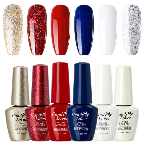 Candy Lover Gel Nail Polish Set, 6 Red White Blue Glod Sparkle Glitter Colors Gel Polish, Soak Off UV LED Nail Polish Home Salon Nail Art Manicure Gift Set for Girls Women
