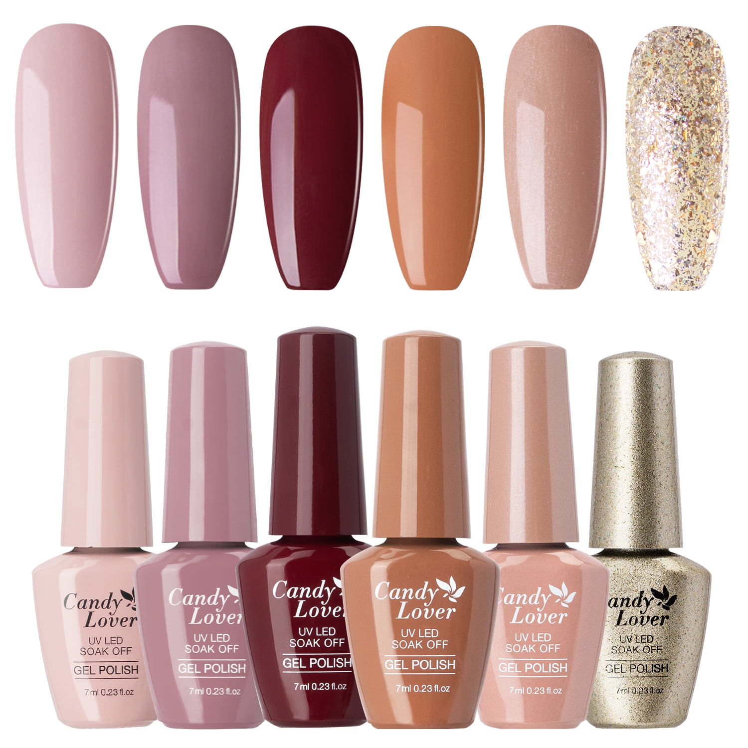 Candy Lover Gel Nail Polish Set, 6 Colors Nudes, Golden Glitters, UV
