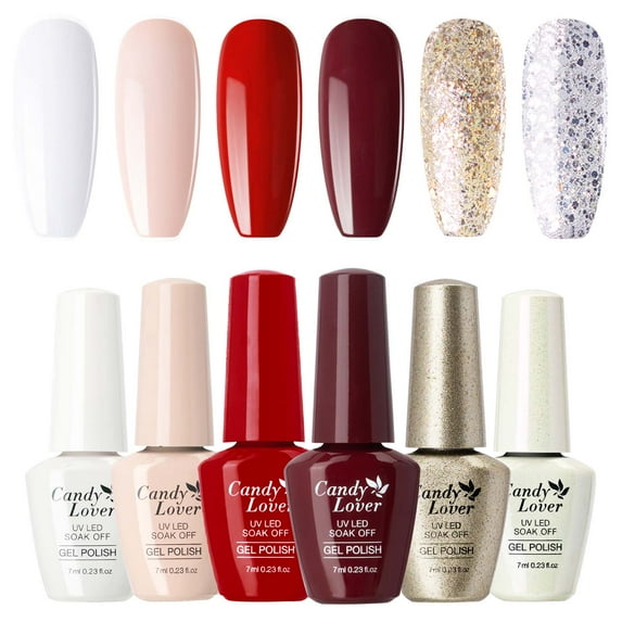 Candy Lover Gel Nail Polish Set, 6 White Red Peach Golden Glitter Colors Gel Polish, Soak Off UV LED Nail Polish Home Salon Nail Art Manicure Gift Set for Girls Women