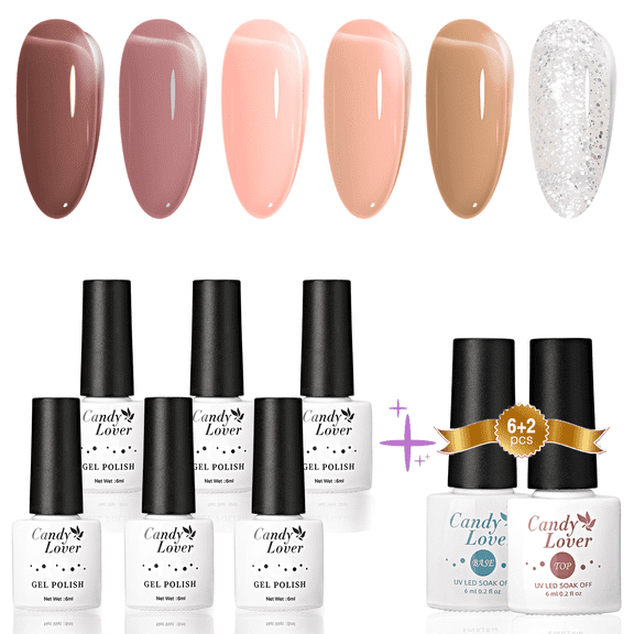 Candy Lover Jelly Gel Nail Polish Kit, 6 Colors Translucent Jelly Sheer Nudes Milky Pink Gel Polish with Top and Base Coat, Soak Off UV LED Nail Polish, Nail Art Gift Set for Women