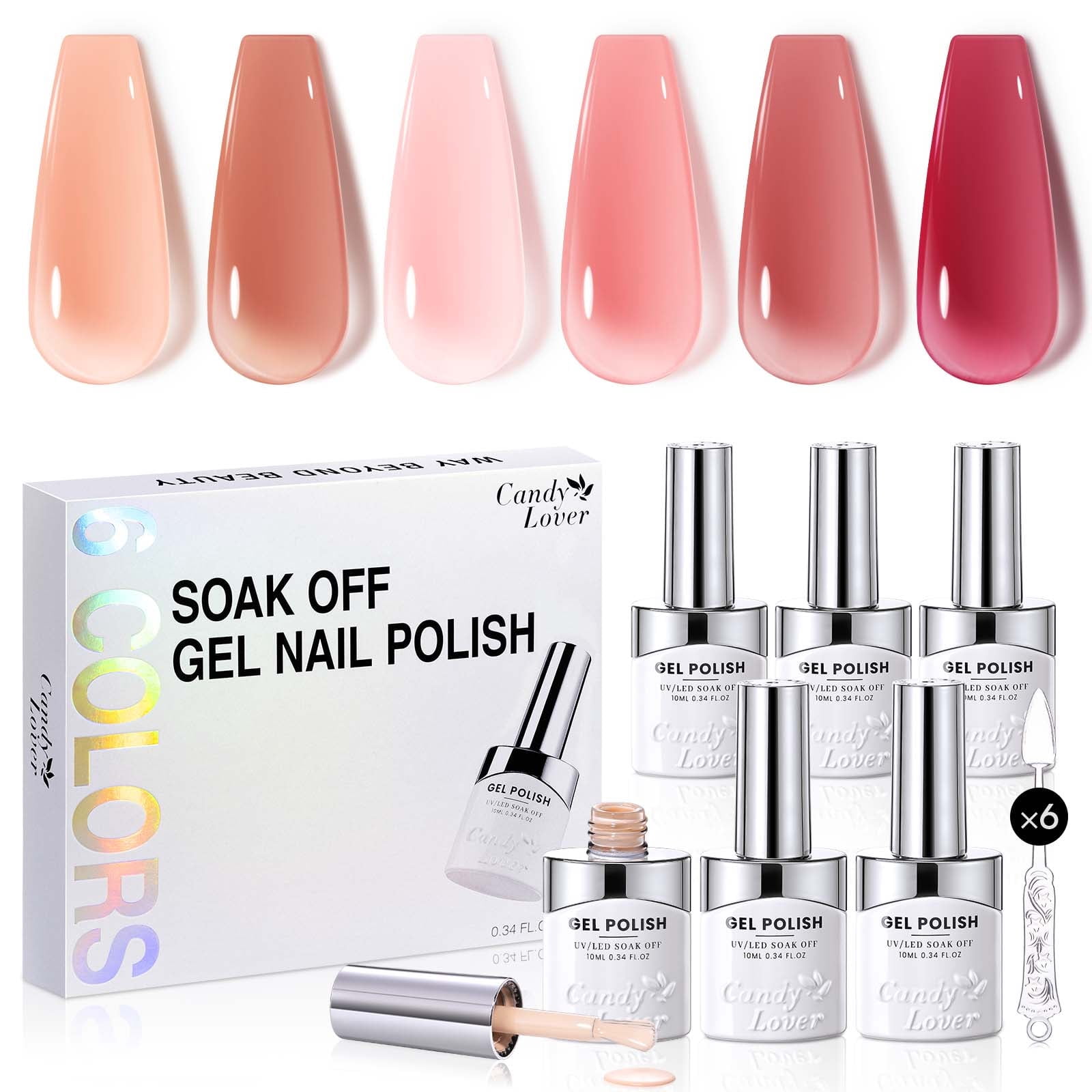 Candy Lover Jelly Gel Nail Polish Kit, 6 Colors Translucent Jelly Sheer Nudes Red Pink Gel Polish, Soak Off UV LED Nail Polish, Nail Art Gift Set for Women