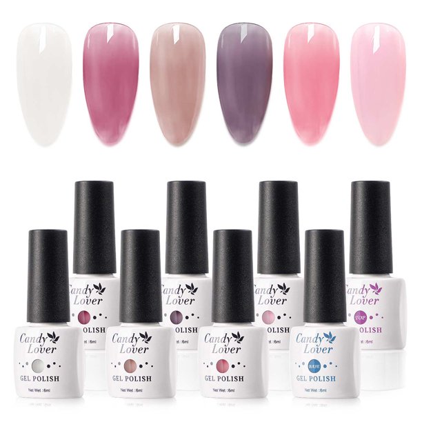 Candy Lover Jelly Gel Nail Polish Kit, 6 Pink Grey Red Sheer Colors Gel
