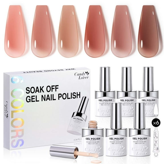 Candy Lover Jelly Gel Nail Polish Kit, 6 Colors Translucent Jelly Sheer Nudes Brown Grey Gel Polish, Soak Off UV LED Nail Polish, Nail Art Gift Set for Women