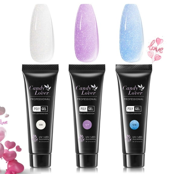 Candy Lover Nail Extension Gel, 3 Colors Poly Gel Nail Builder Gel, Glitter Clear Purple Blue Nail Thickening Solution Manicure Poly Nail Gel Kit