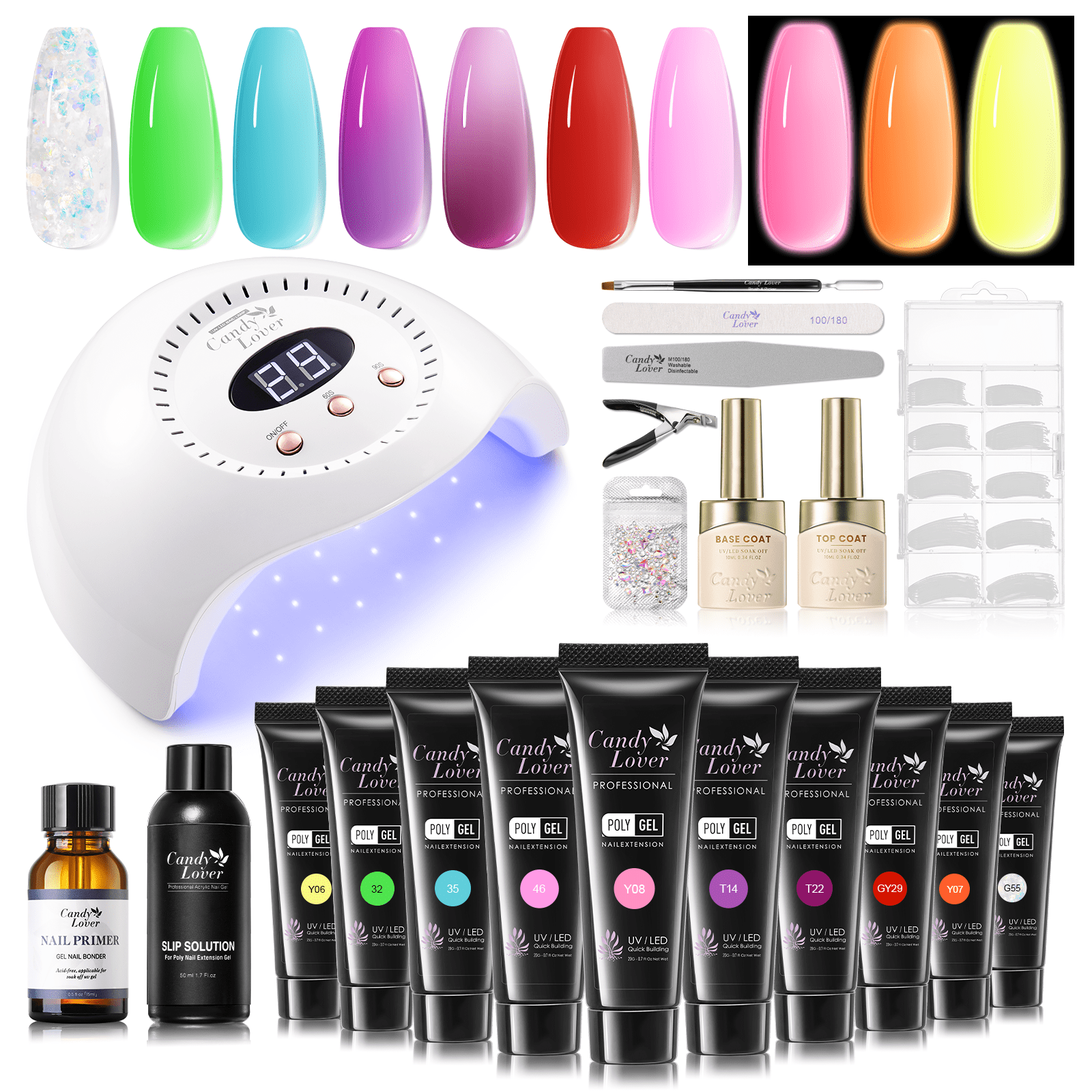 Candy Lover Poly Nail Gel Kit with UV Light, 10 Neon Rainbow Color Changing Glow in Dark Colors