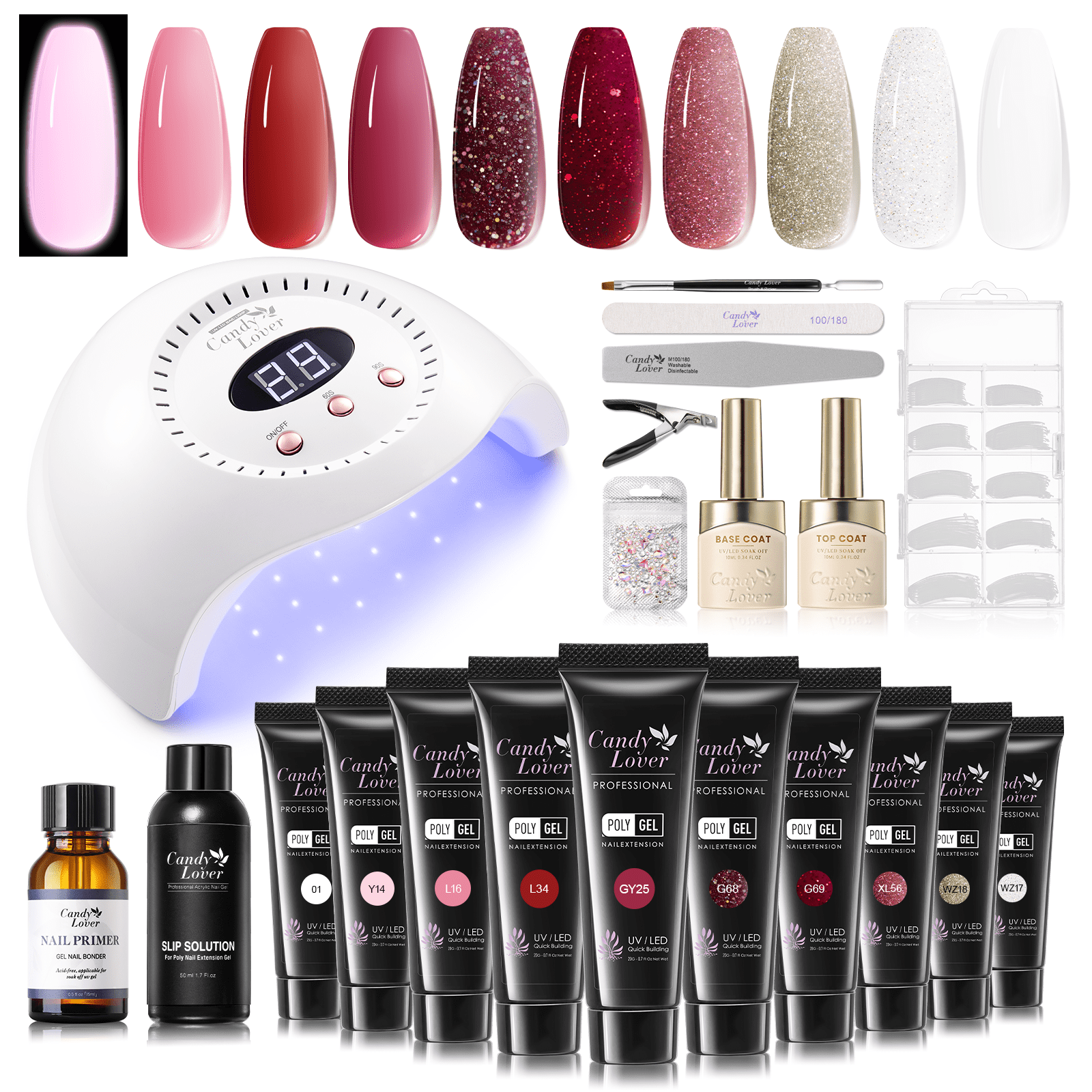Candy Lover Poly Nail Gel Kit with UV Light, 10 Pink Red Glitter Colors ...