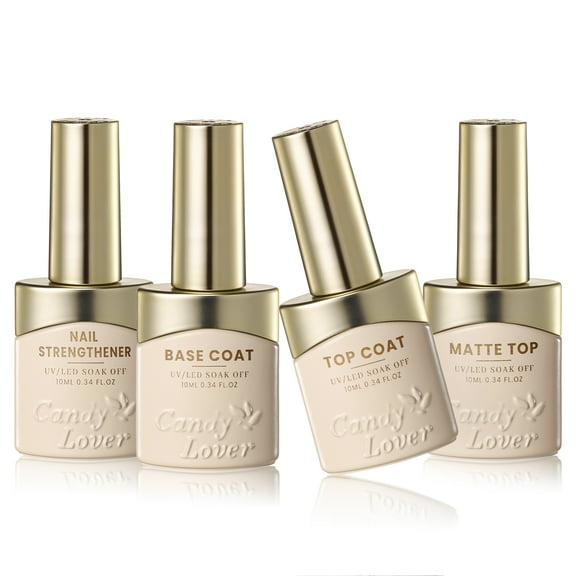 Candy Lover Top and Base Coat Nail Polish, 4Pcs Soak Off No Wipe UV LED Base Coat Gel & Glossy & Matte Top Coat & Nail Strengthener Kit