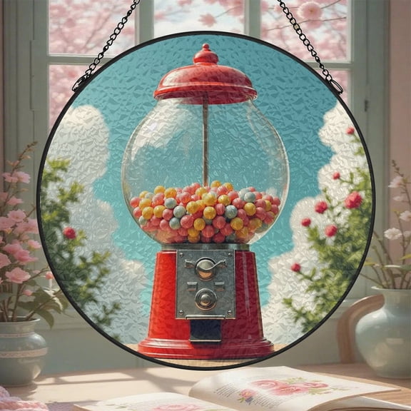 Candy Machine Red Stained Glass Window Hanging 8 Inch Suncatcher Glass Panel with Chain Round Sun Catchers Indoor Wall Art Home Decor Gift for Lovers Couples Women Mother's Day