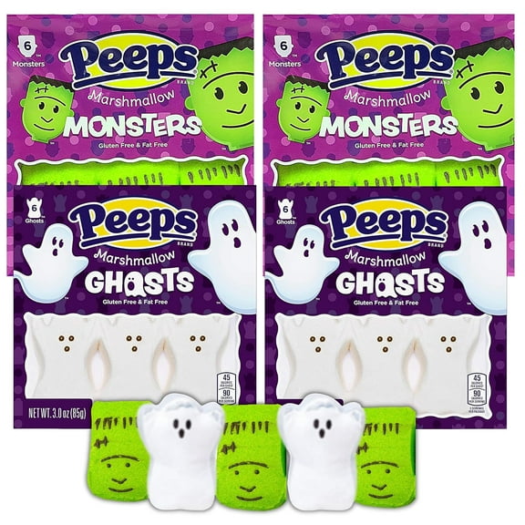 Peeps Candy Marshmallows Seasonal Fun Shaped Assortment, Ghosts and Monsters Marshmallow Candies, Pack of 4