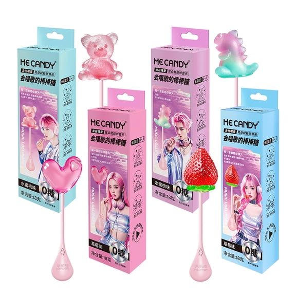 Candy Master MeCandy 4D Music Lollipop 4D design shaped in Bear,Strawberry,Dinasour,Love Heart Fruity Flavor,strawberry,white peach |sugar free singing lollipop