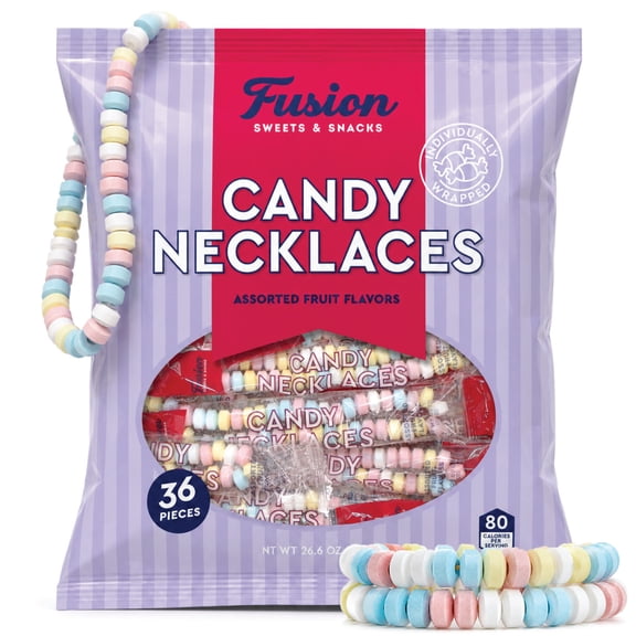 Candy Necklaces 36ct Individually Wrapped Assorted Fruit Flavors Candy Jewelry for Kids Birthday Party Favor Retro 80s 90s Bulk Bracelets Goodie Bag Easter Halloween Valentine