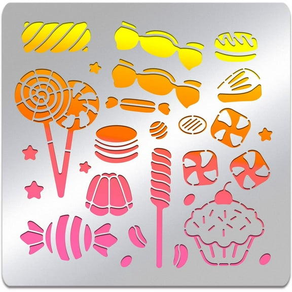 Candy Pattern Metal Stencil Square Stainless Steel Candy Lollipops Cupcakes Template Stencil for Scrapbooking Engraving Pyrography Journal 6x6 inch