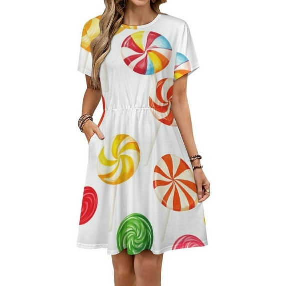 Candy Pattern Rainbow Lollipop Dress Fashion Beach Short Sleeve Dresses Female Party Printed Sundress