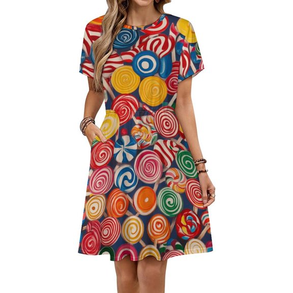 Candy Pattern Rainbow Lollipop Dress Fashion Beach Short Sleeve Dresses Female Party Printed Sundress