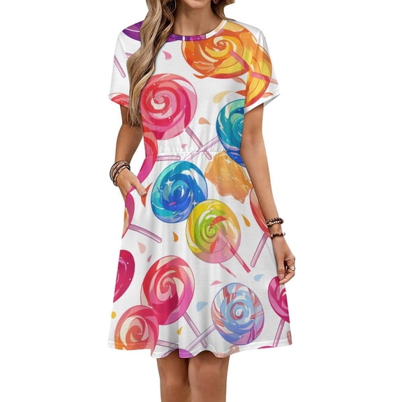 Candy Pattern Rainbow Lollipop Dress Fashion Beach Short Sleeve Dresses Female Party Printed Sundress