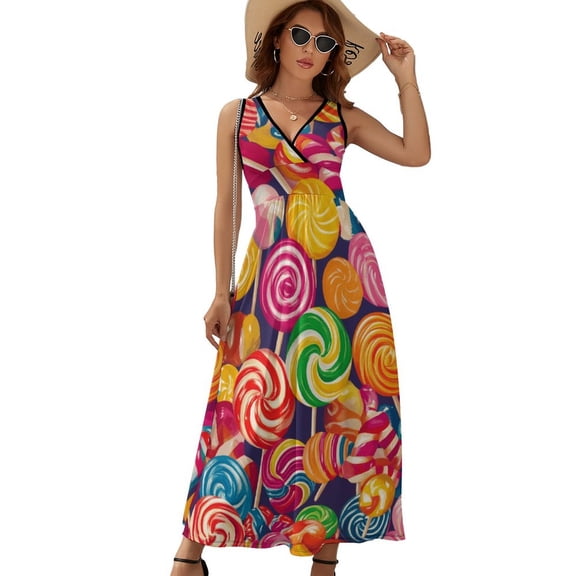 Candy Pattern Rainbow Lollipop Dress Summer Street Style Bohemia Long Dresses Female Sleeveless Printed Maxi Dress