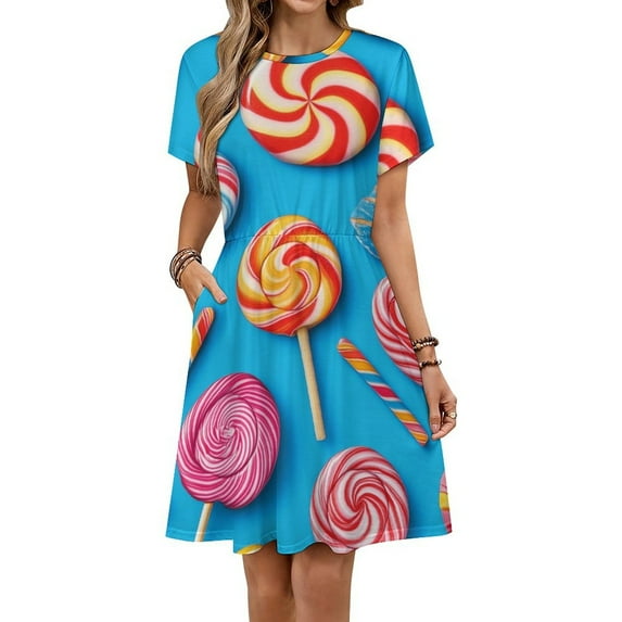 Candy Pattern Rainbow Lollipop Dress Summer Street Style Dresses Female Short Sleeve Printed Sundress