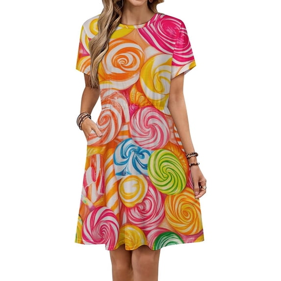 Candy Pattern Rainbow Lollipop Dress Summer Street Style Dresses Female Short Sleeve Printed Sundress