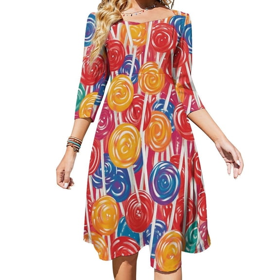 Candy Pattern Rainbow Lollipop Flare Dress Square Neck Dress Elegant Female Fashion Printed Dress
