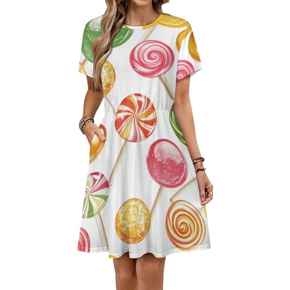 Candy Pattern Rainbow Lollipop Short Sleeve Dress Women Summer Evening Dresses Ladies Sundress