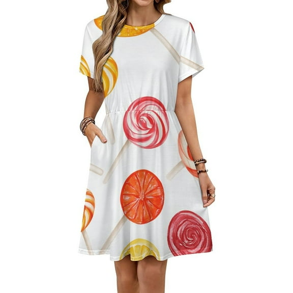 Candy Pattern Rainbow Lollipop Short Sleeve Dress Women Summer Evening Dresses Ladies Sundress