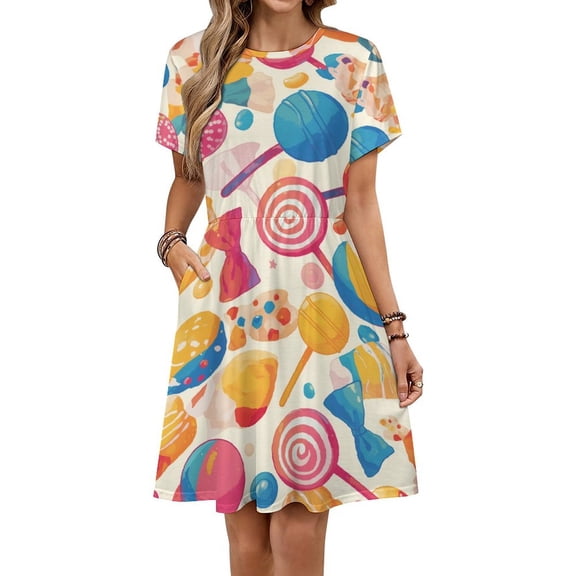 Candy Pattern Rainbow Lollipop Sundress Short Sleeve Dress Summer Women Clothes Dress for Women Dresses