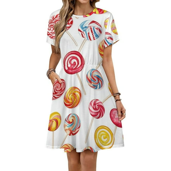Candy Pattern Rainbow Lollipop Sundress Short Sleeve Dress Summer Women Clothes Dress for Women Dresses