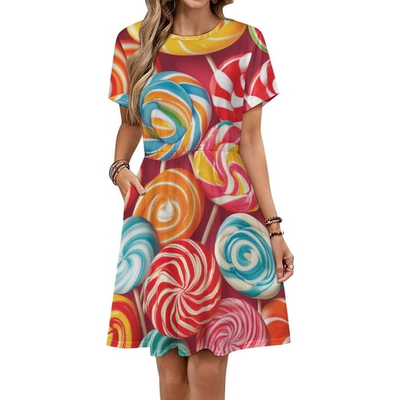 Candy Pattern Rainbow Lollipop Sundress Short Sleeve Dress Summer Women Clothes Dress for Women Dresses