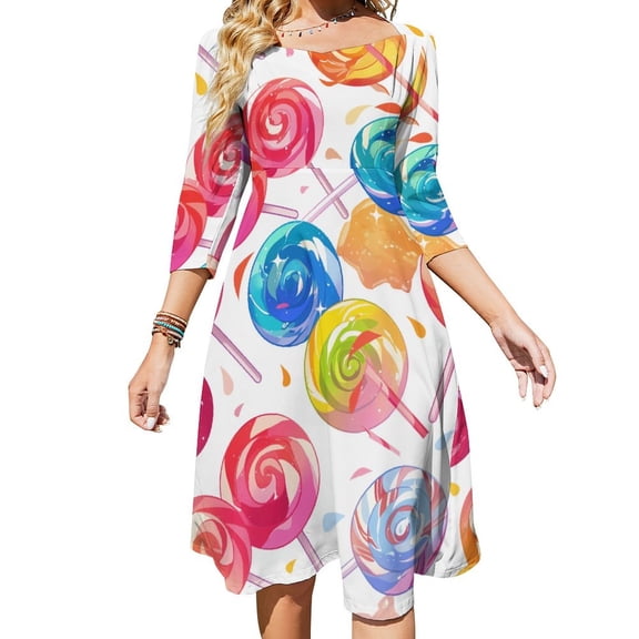 Candy Pattern Rainbow Lollipop Women's 3/4 Sleeve Dresses Elegant A-Line Midi Dress Flare Summer Casual Sundress