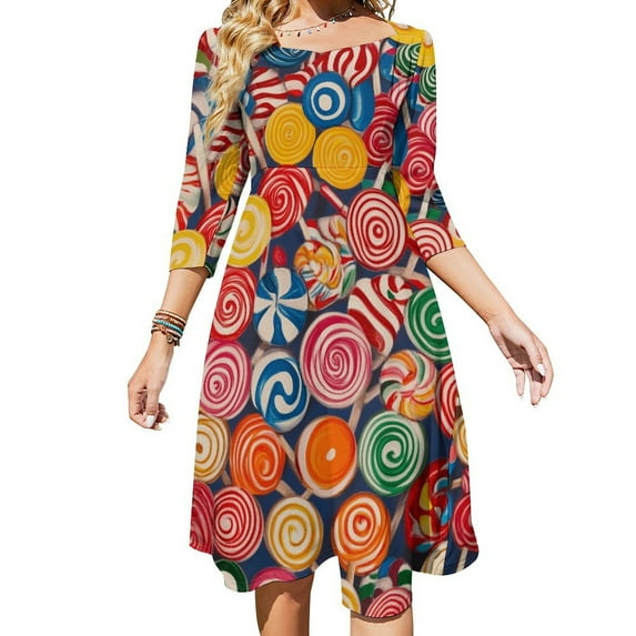 Candy Pattern Rainbow Lollipop Womens Summer Dress Tie Back A Line Flare Dress